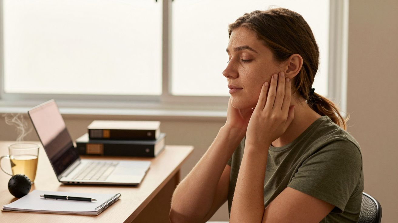 Mulher relaxa na mesa, olhos fechados, tocando o rosto. Portátil aberto, chá e bloco de notas presentes.