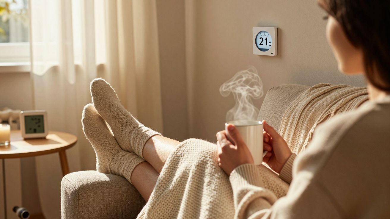 Mulher relaxa no sofá, segurando um chá quente. Termostato na parede mostra 21°C. Ambiente acolhedor e iluminado.