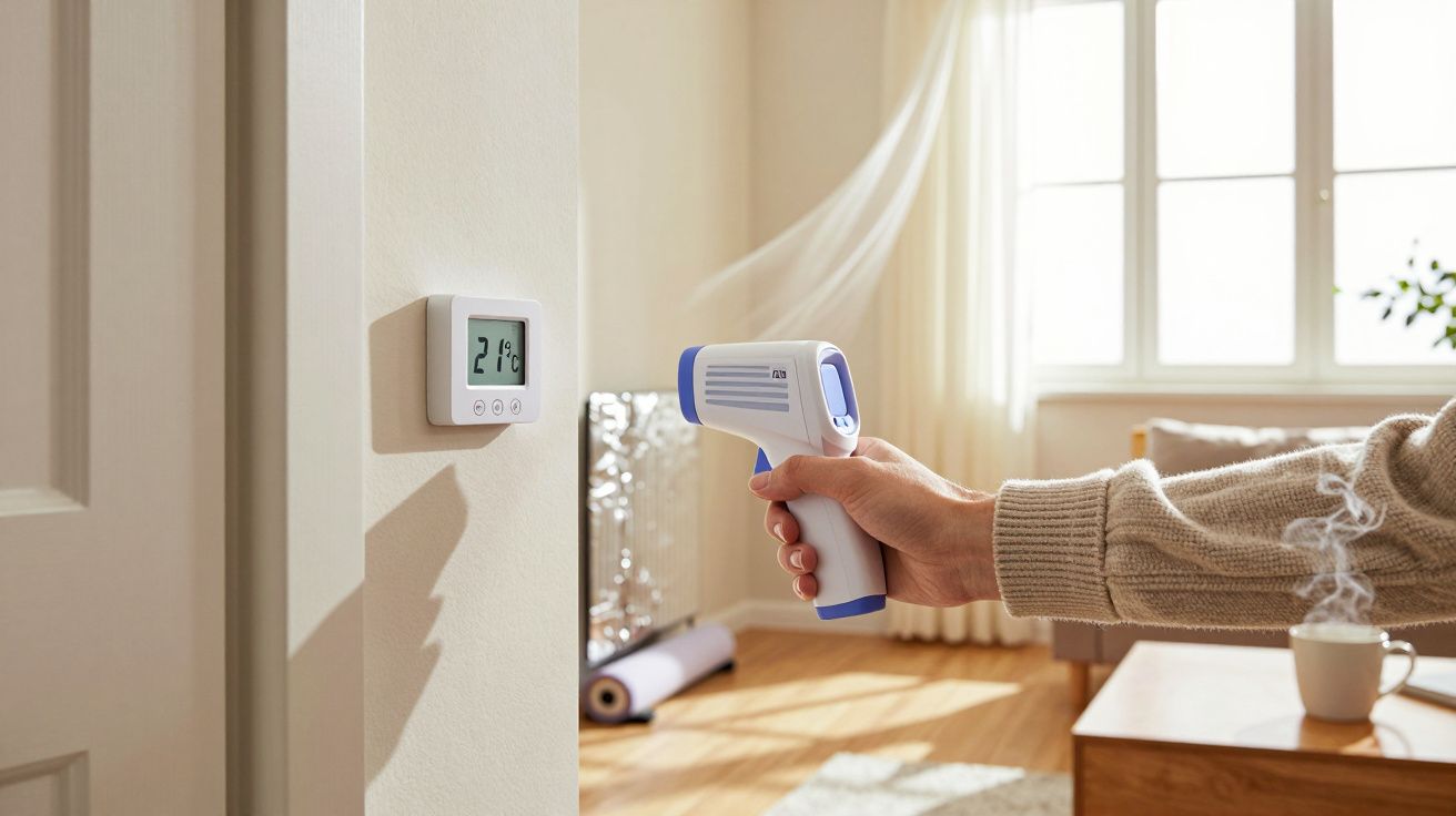 Pessoa mede temperatura de termóstato na parede usando termómetro digital infravermelho numa sala iluminada.