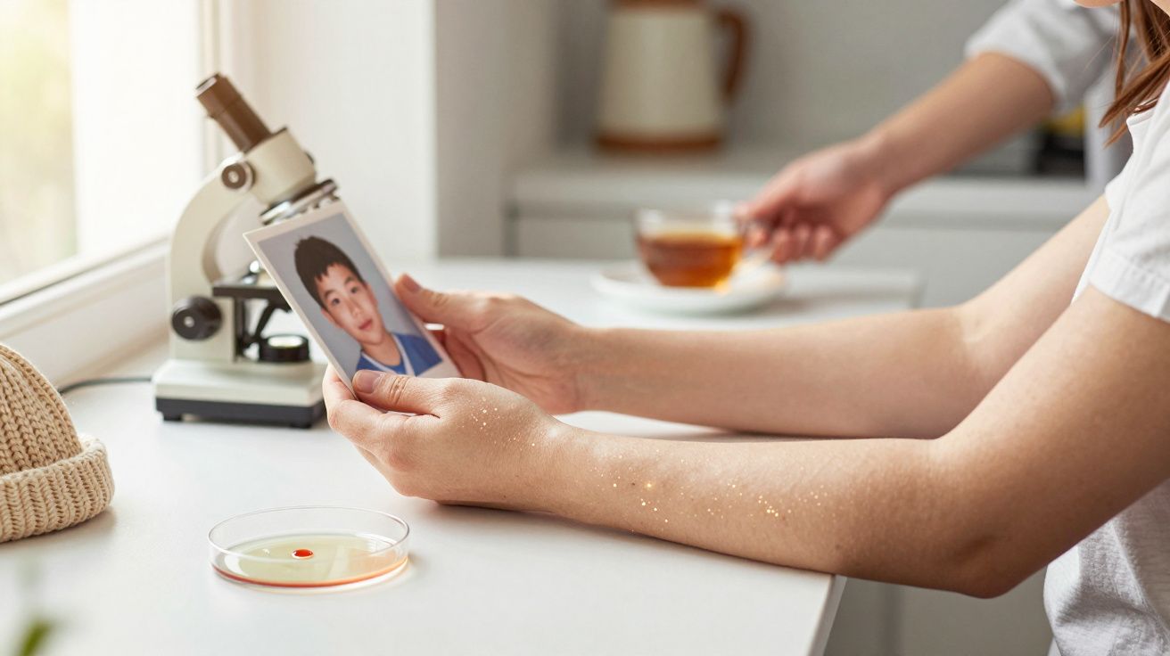 Pessoa segura uma foto ao lado de um microscópio numa bancada; chá e placa de Petri ao lado.
