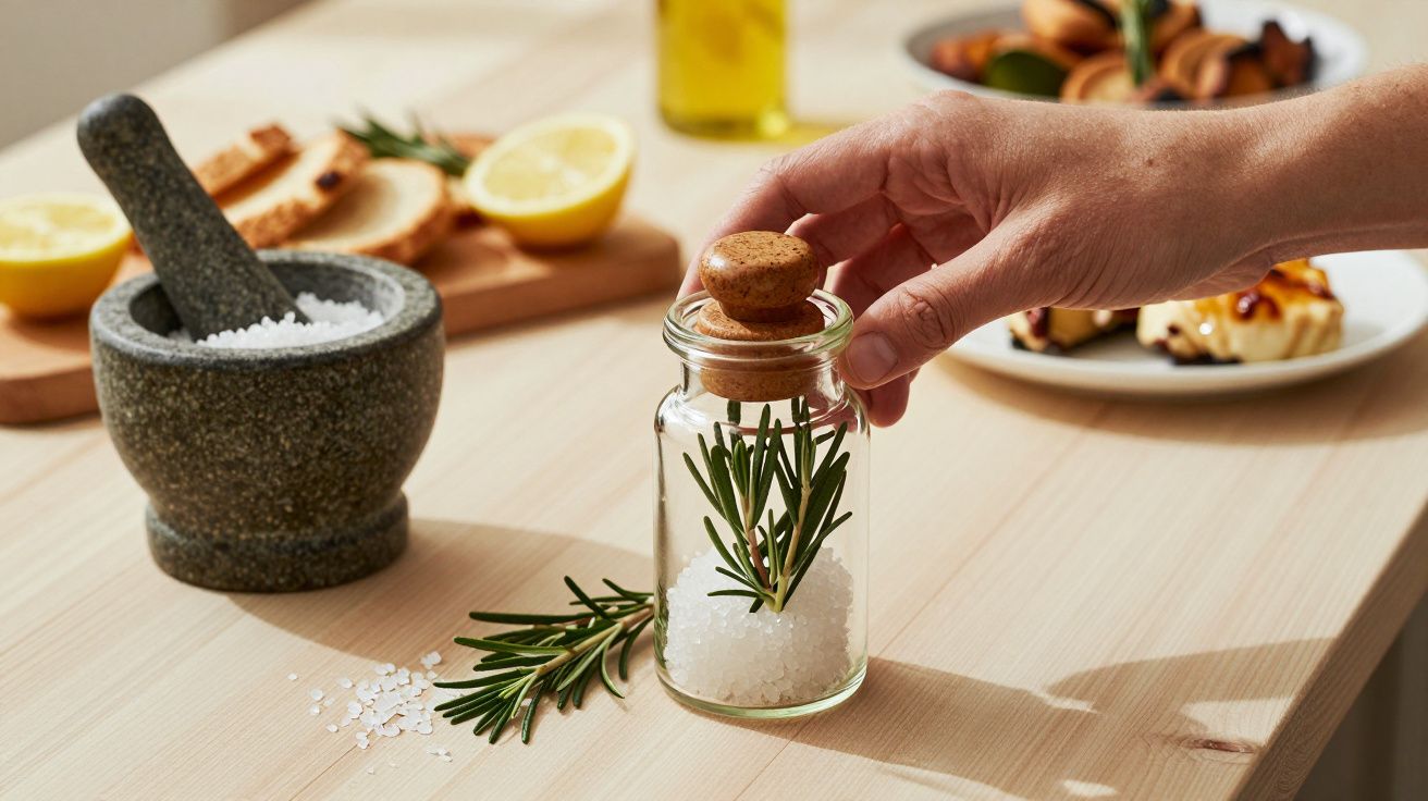 Mão segurando pote de vidro com sal grosso e raminho de alecrim. No fundo, almofariz, limão e pão fatiado.