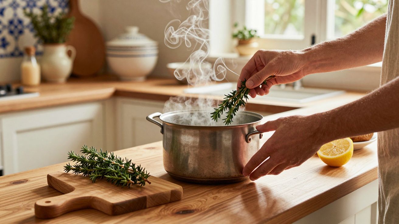Pessoa adiciona alecrim a panela fumegante em cozinha clara.