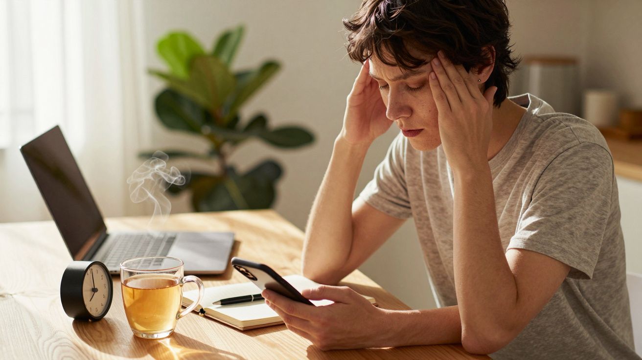 Pessoa stressada com smartphone, sentada à mesa com chá, bloco e laptop.