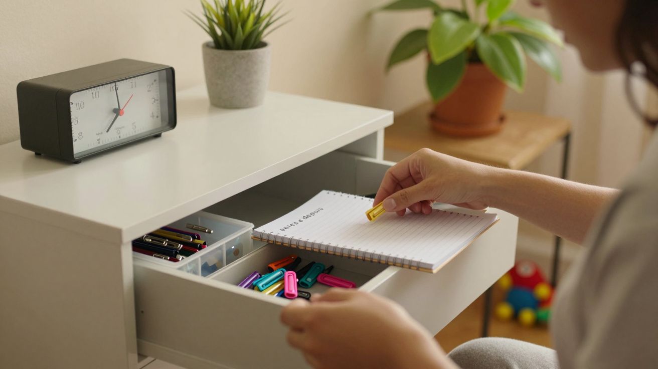 Pessoa sentada a organizar materiais de escrita numa gaveta, com um relógio e plantas sobre a secretaria.