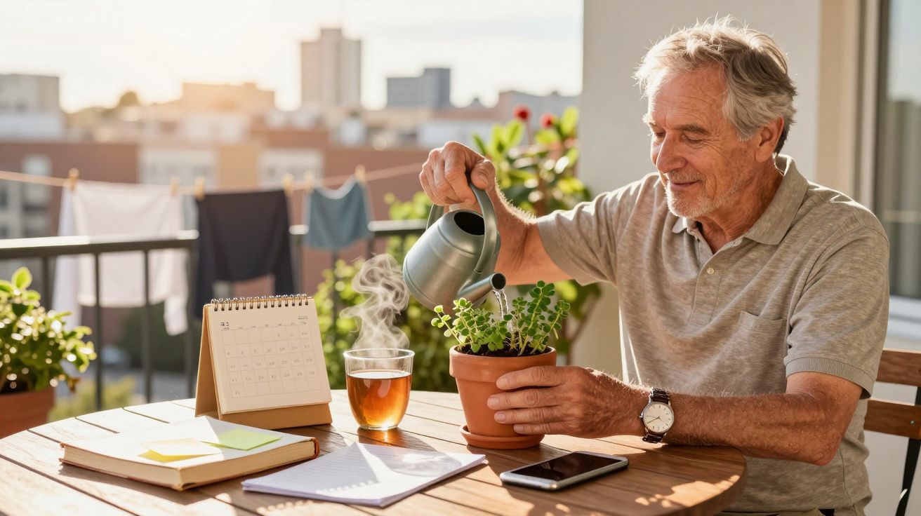 Homem idoso regando planta num terraço ensolarado, ao lado de chá, agenda e telemóvel, com cidade ao fundo.