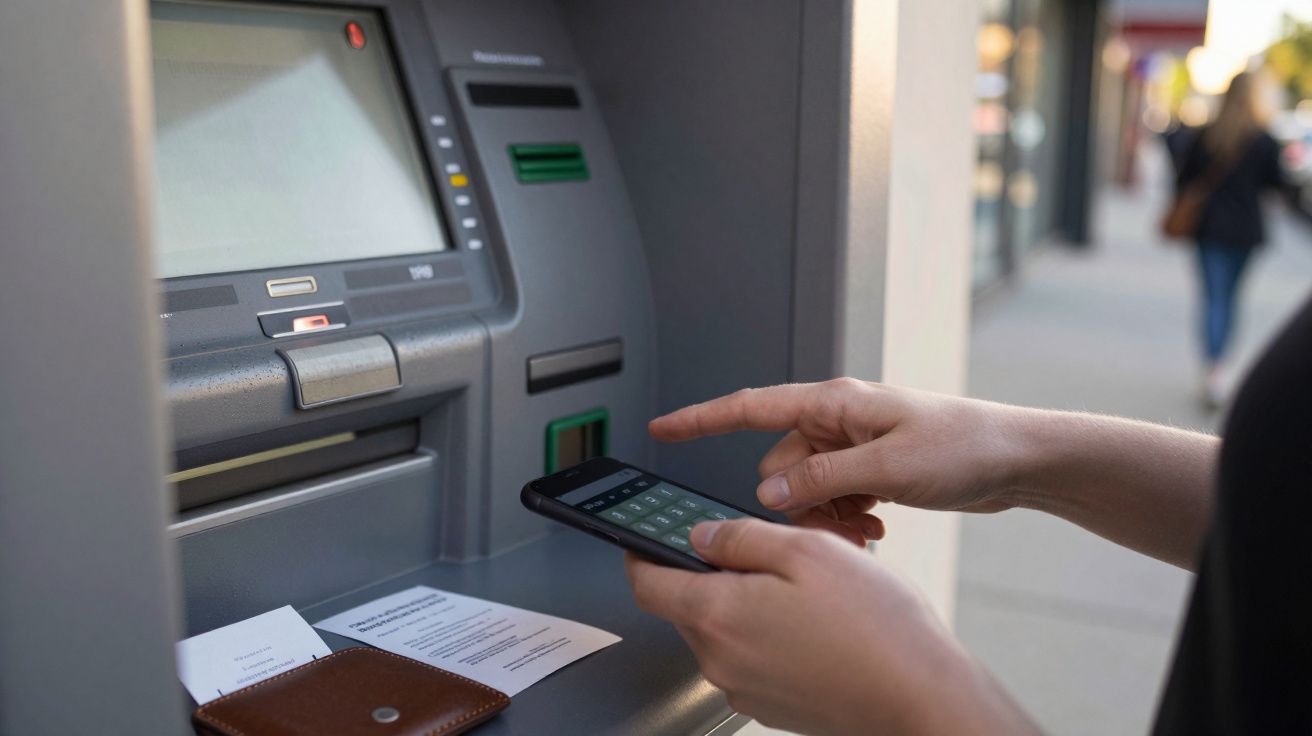 Pessoa usa smartphone junto a multibanco com cartões e recibo, focando em serviço tecnológico.