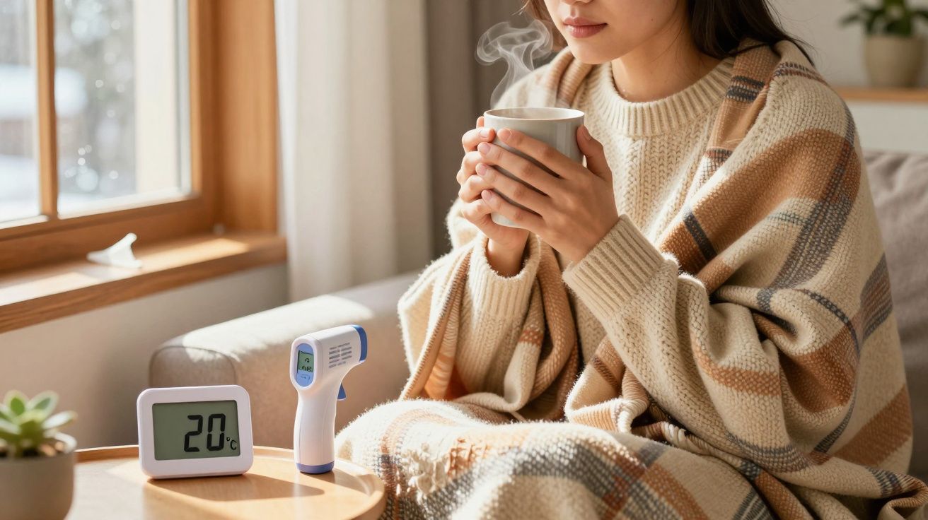 Mulher com cobertor às riscas, segurando chá quente; termómetro e termómetro digital mostram 20°C, ao lado de janela.
