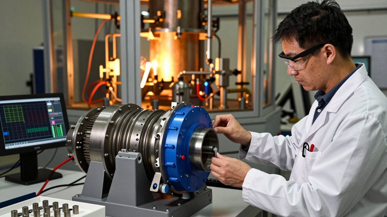 Engenheiro, de bata branca, trabalha numa máquina com um monitor ao lado, numa oficina de engenharia.