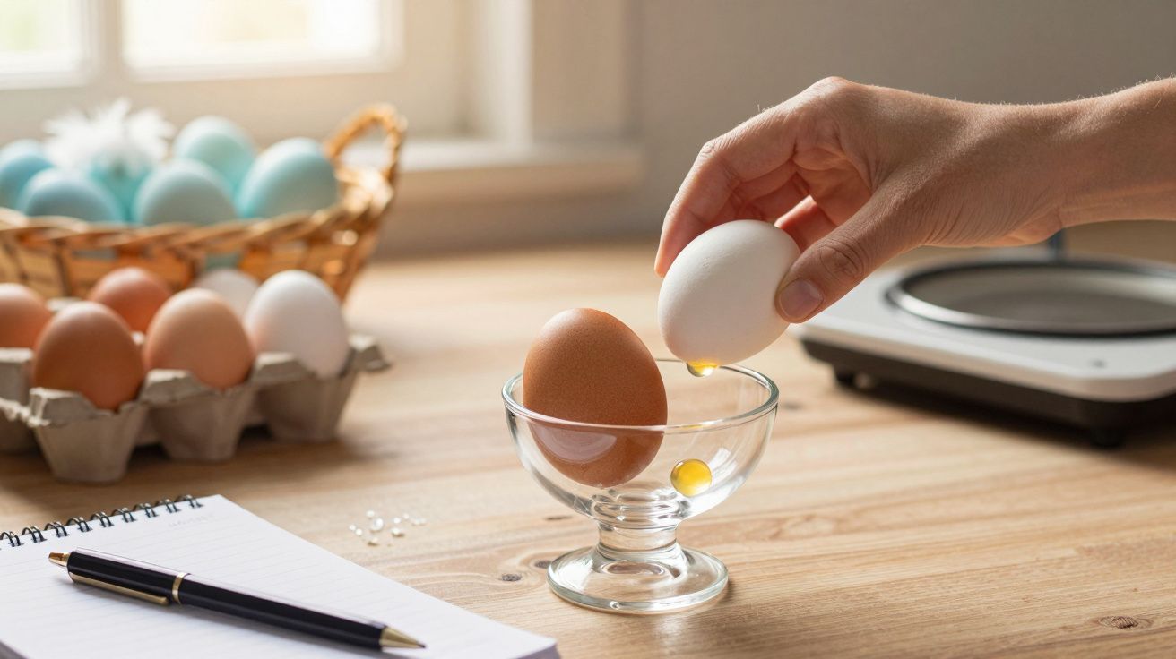 Mão partindo ovo sobre taça de vidro, com ovos em cestos e bloco de notas ao fundo.
