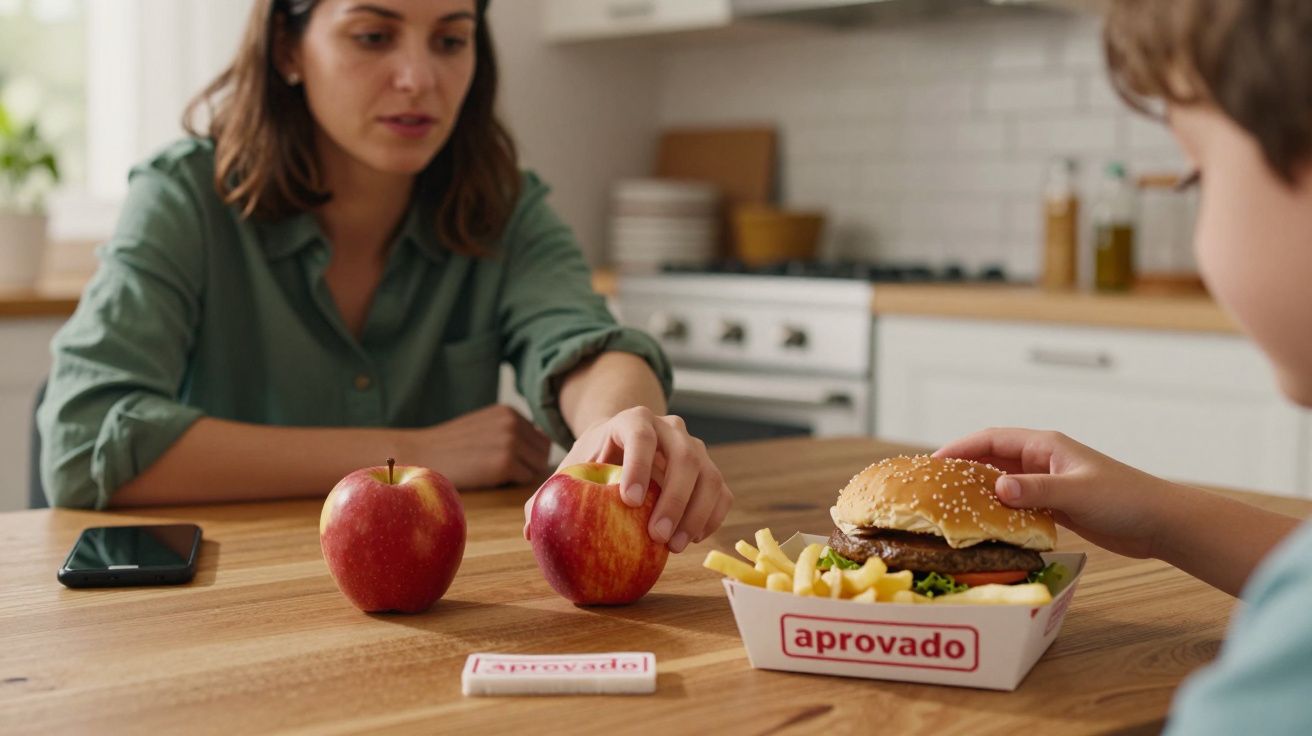 Mulher e criança à mesa com hambúrguer, maçãs e cartão "aprovado"; cena na cozinha.