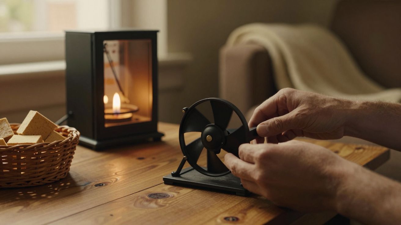 Mãos ajustam um pequeno ventilador num mesa; vela acesa e cesto com cubos ao lado. Ambiente acolhedor.