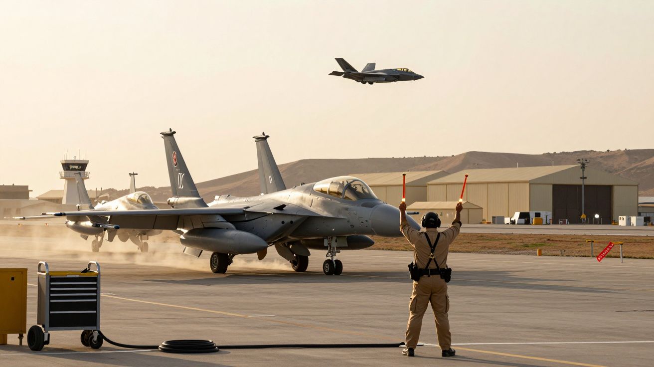 Aviões de combate na pista de um aeroporto militar, um sinalizador em frente, montanhas ao fundo.