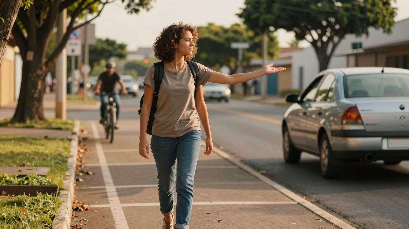 Mulher com mochila acena para carro na rua enquanto caminha em ciclovia; ciclista ao fundo.