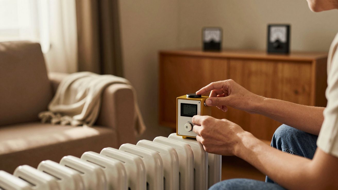 Pessoa ajusta temporizador digital num aquecedor em sala de estar aconchegante com sofá e armário ao fundo.