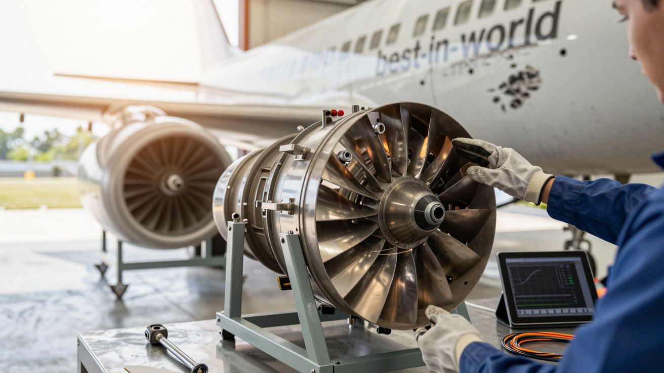 Técnico inspeciona turbina a jato em oficina aeronáutica com avião ao fundo.