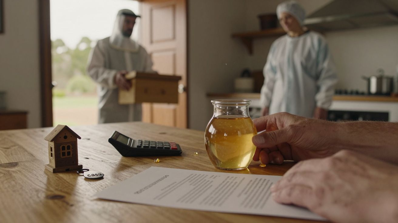 Pessoa segura jarro de chá, enquanto olha documento. Outros dois, em roupas tradicionais e de proteção, no fundo.