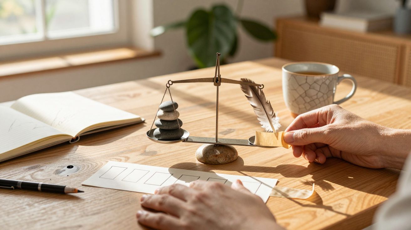 Mão equilibrando pedras e pena numa balança em mesa com caderno, chávena e planta ao fundo, iluminada pela luz do sol.