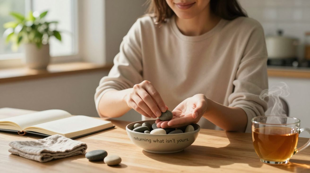 Mulher manuseia pedras numa tigela ao lado de chá quente, com livro aberto e toalha sobre a mesa iluminada pelo sol.