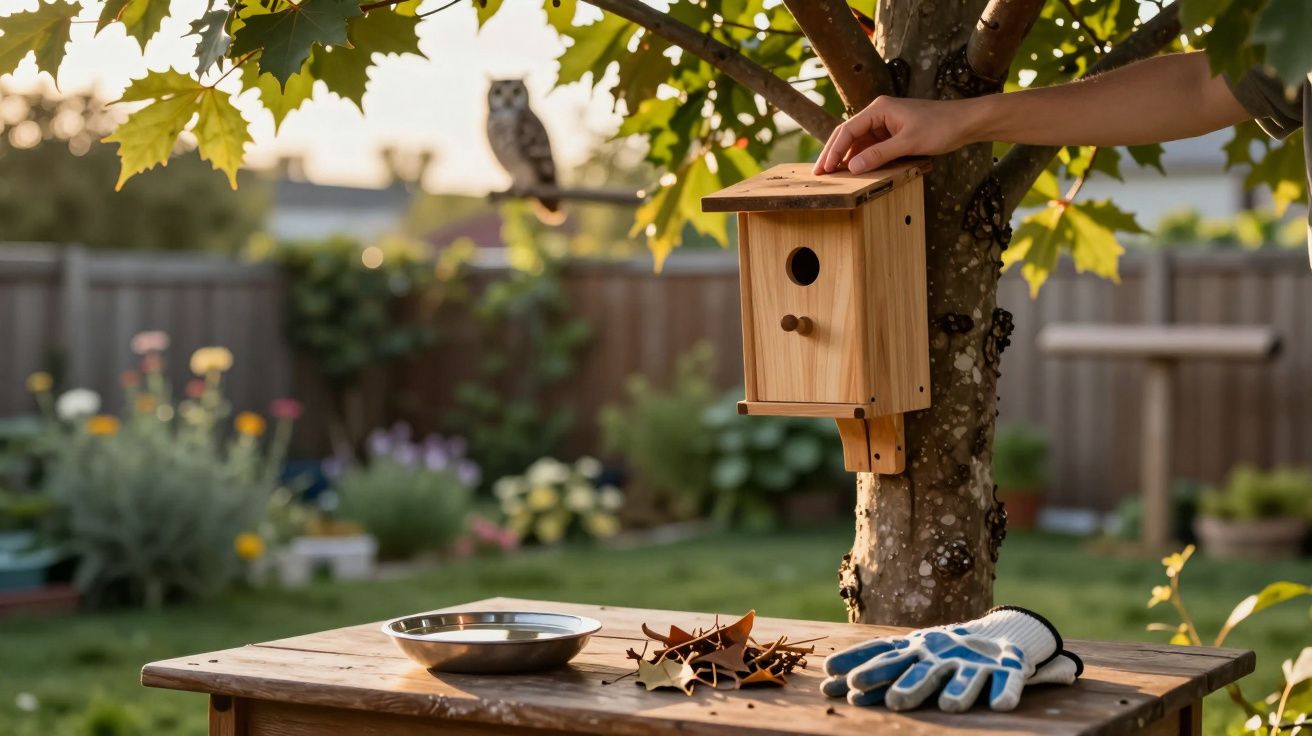 Mão instala caixa-ninho numa árvore no jardim com ferramentas e luvas sobre a mesa, coruja pousada ao fundo.