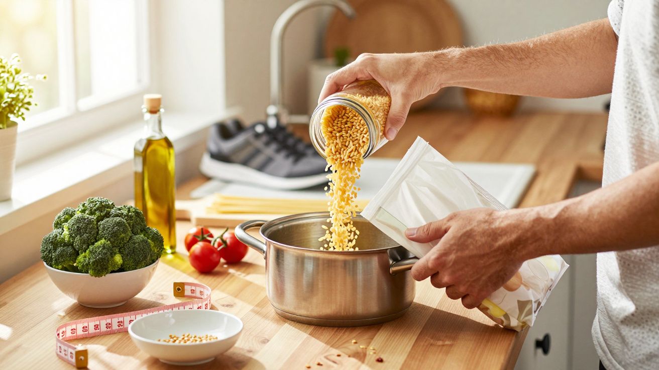 Pessoa a cozinhar, despejando grãos numa panela. Na bancada, legumes, azeite e ténis.