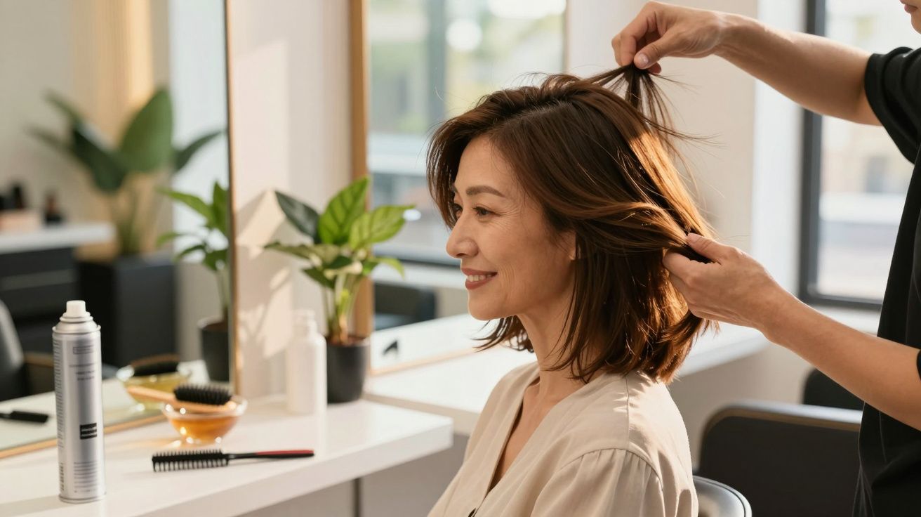 Mulher a sorrir enquanto cabeleireiro ajusta o cabelo num salão com espelho e plantas.