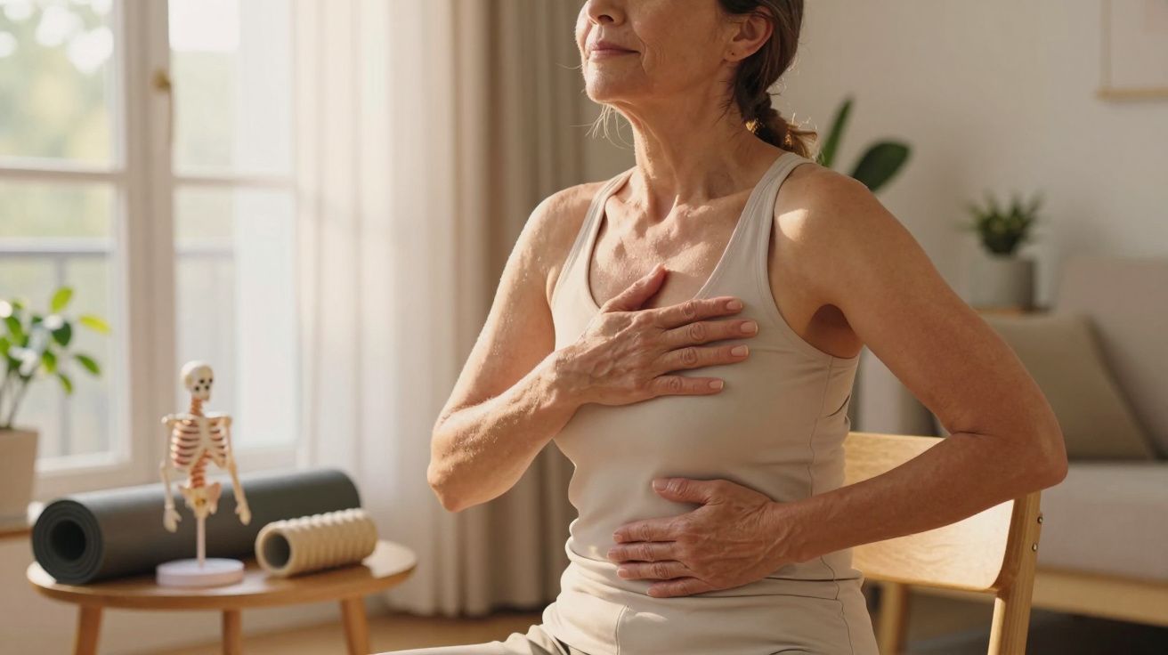 Mulher a fazer exercícios de respiração numa sala iluminada pelo sol, com tapete de yoga e planta ao fundo.