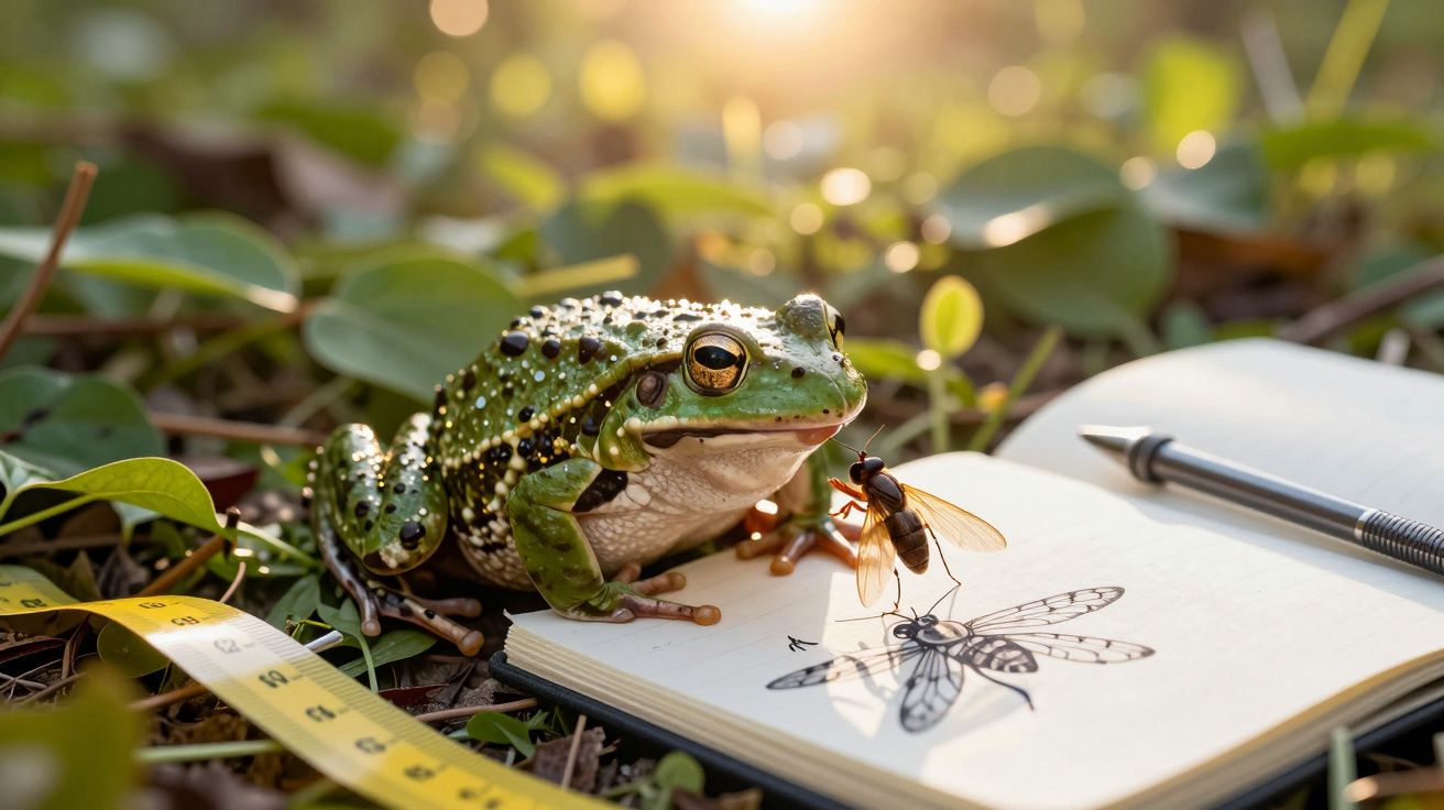 Sapo verde ao lado de um caderno aberto com esboço de inseto, sobre relva, iluminado pela luz solar.