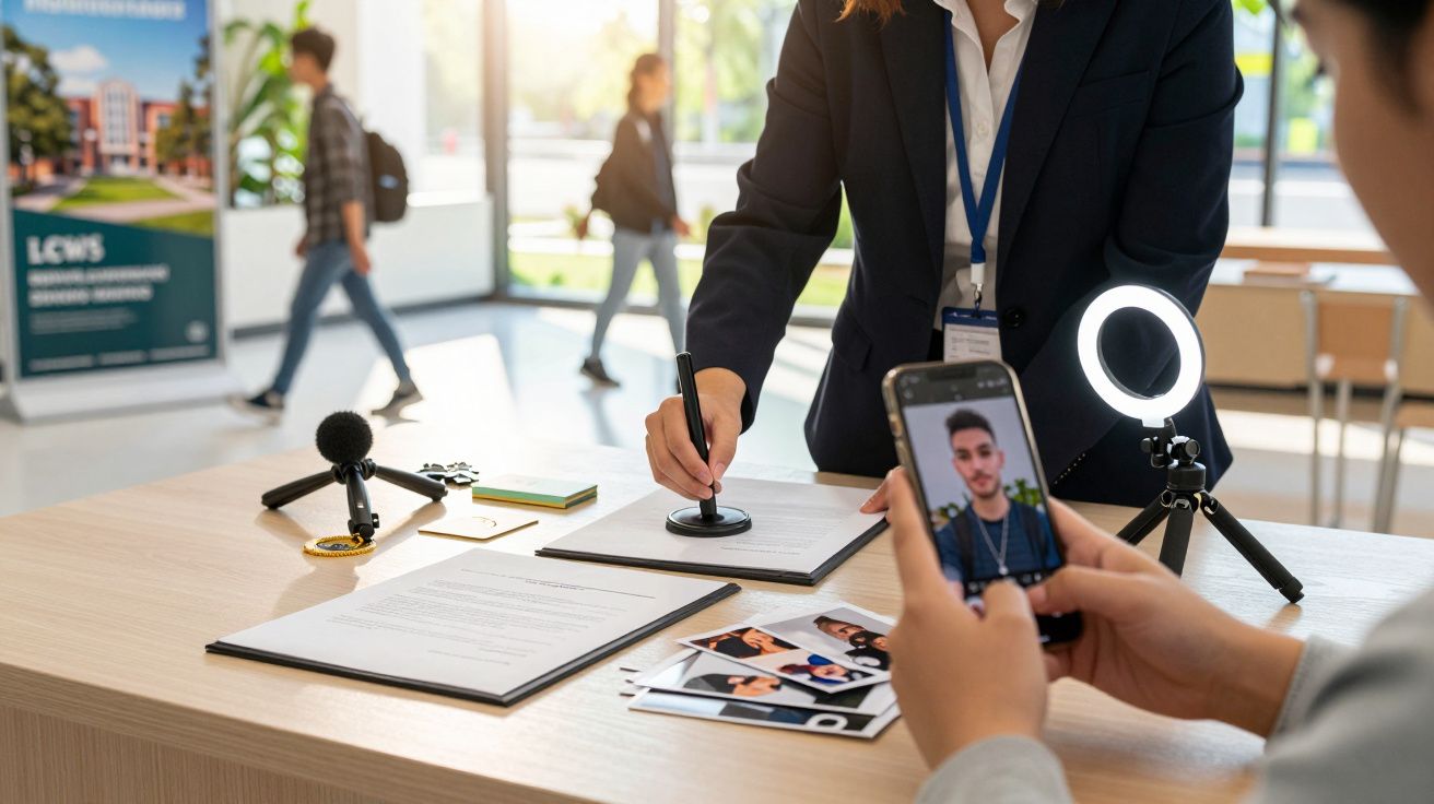 Pessoa a assinar documento numa mesa com microfones, fotos e luz de anel; outra a tirar foto com smartphone.