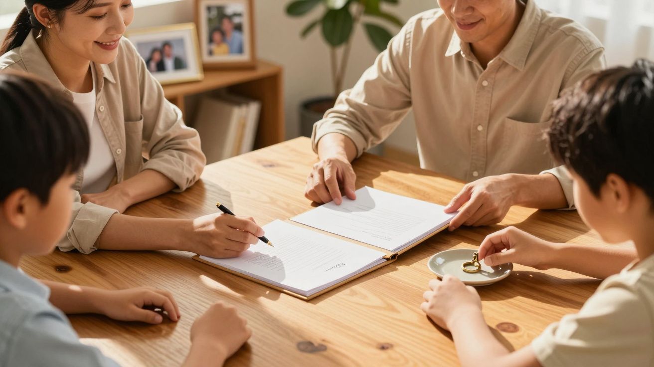 Família reunida à mesa a preencher documentos, com duas crianças a observarem atentamente.