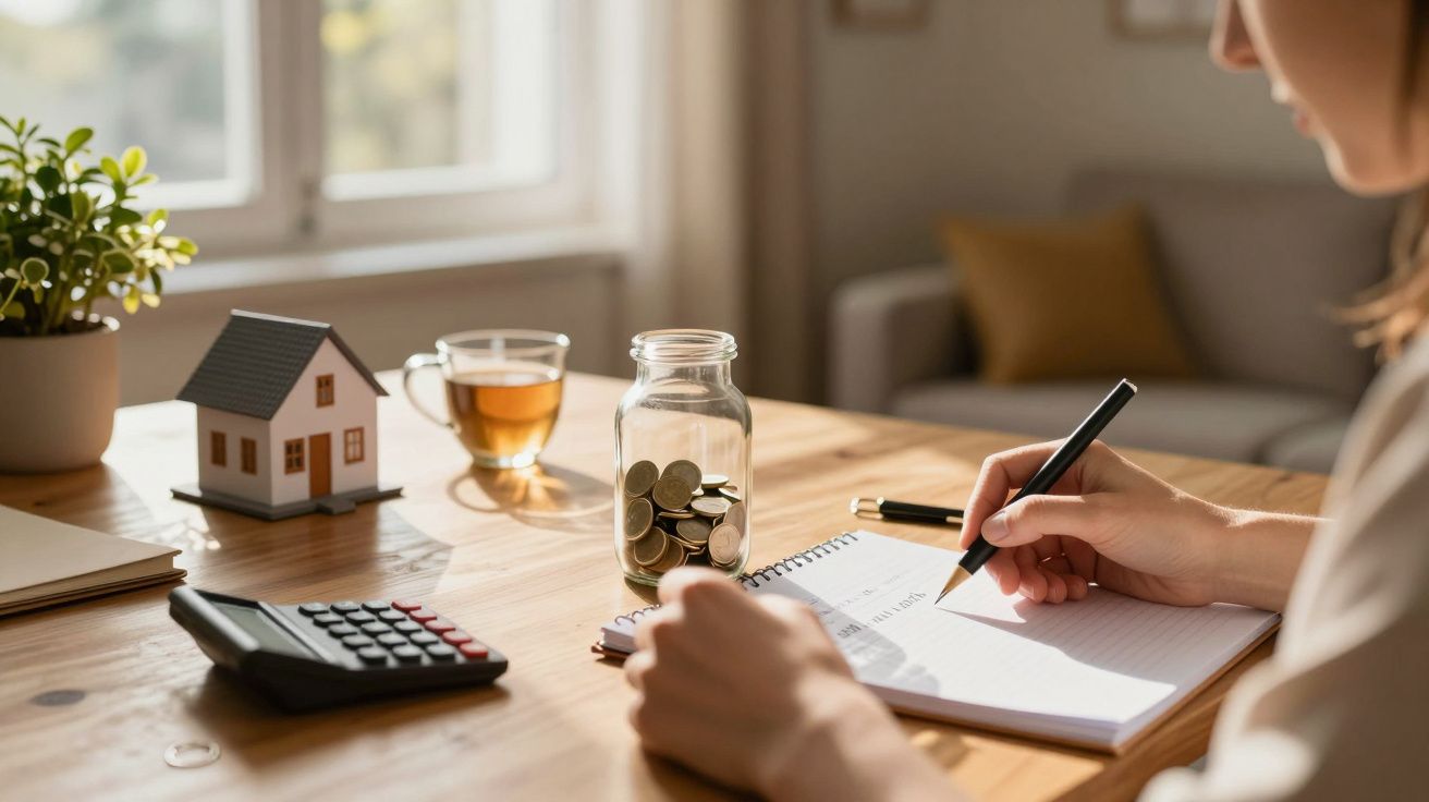 Pessoa escreve num caderno à mesa, com uma jarra de moedas, casa em miniatura, chávena de chá e calculadora.