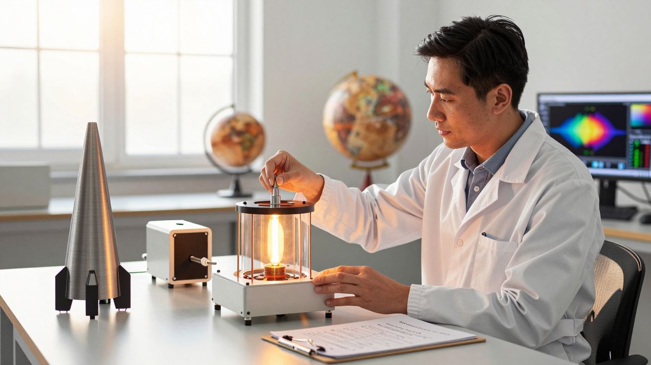 Cientista analisa chama dentro de aparelho em laboratório, com globos e computadores ao fundo.