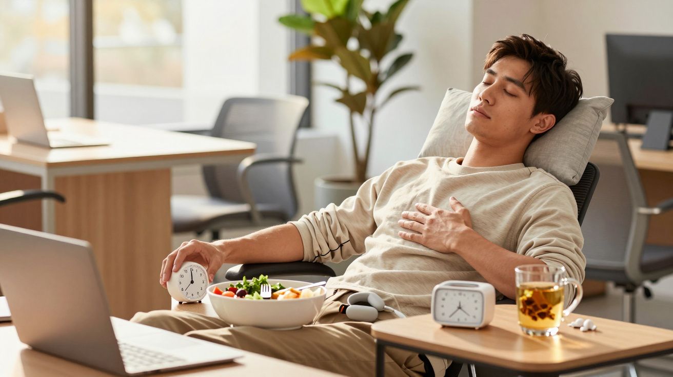 Homem adormecido em cadeira de escritório, com tigela de salada, relógios e chá na mesa, ao lado de computador portátil.