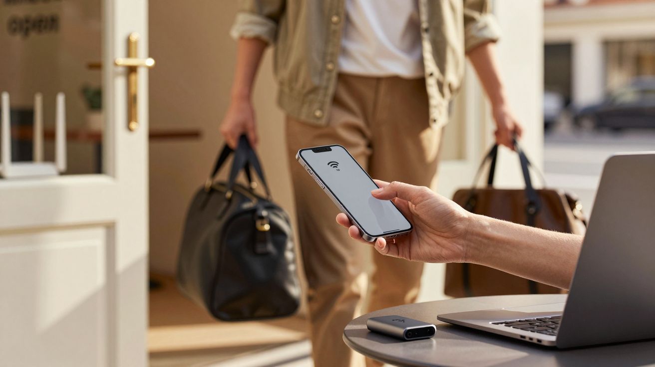 Pessoa a segurar um smartphone com símbolo de Wi-Fi, enquanto outra entra numa sala, carregando malas.
