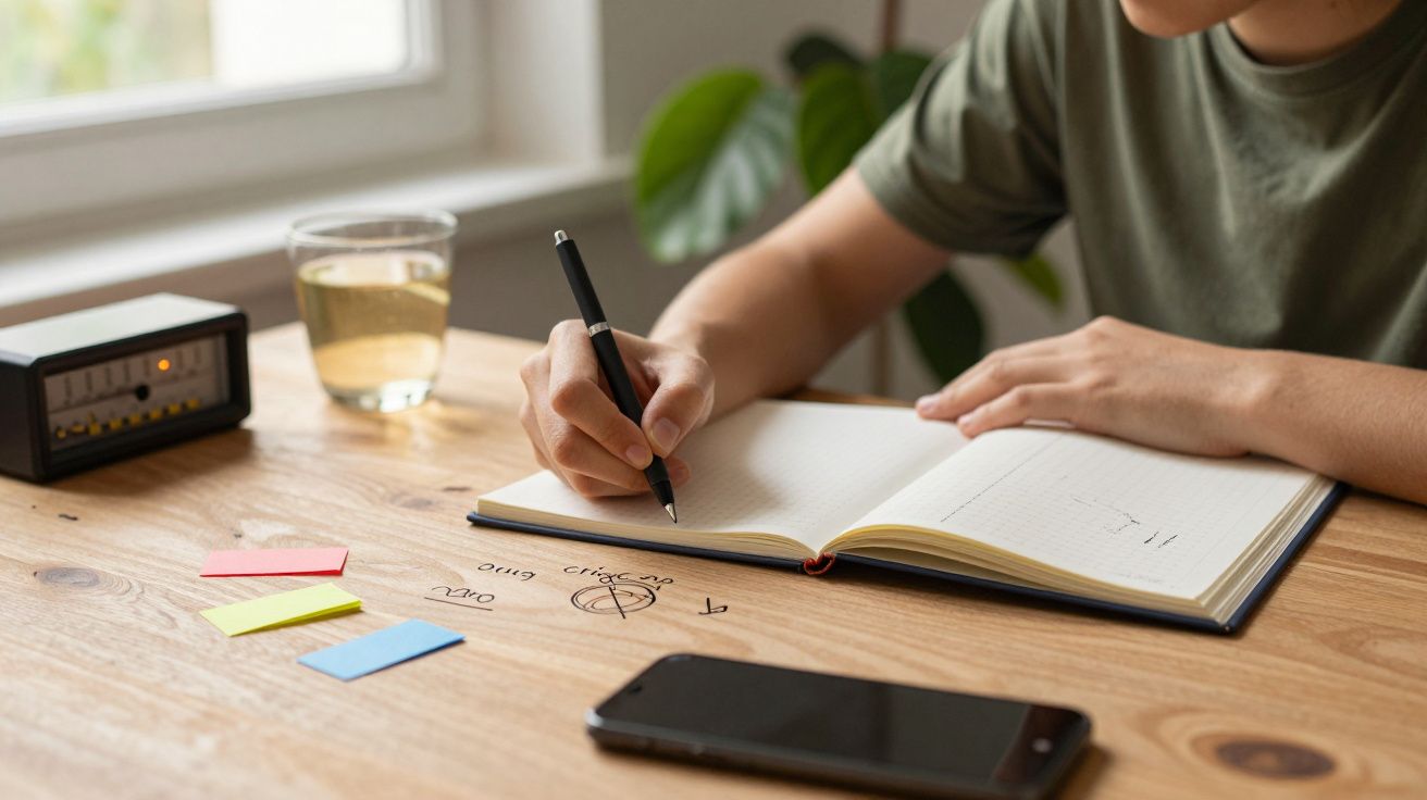 Pessoa a escrever num caderno numa mesa com telemóvel, copo de água e relógio. Há post-its coloridos ao lado.