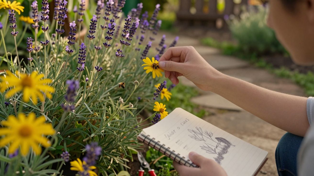 Pessoa desenha flor amarela em bloco de notas enquanto observa lavandas em jardim.