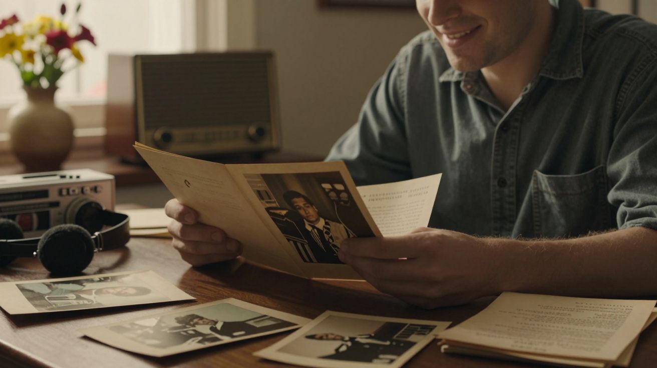 Homem sorridente revendo fotografias antigas numa mesa de madeira, com rádio e flores ao fundo.