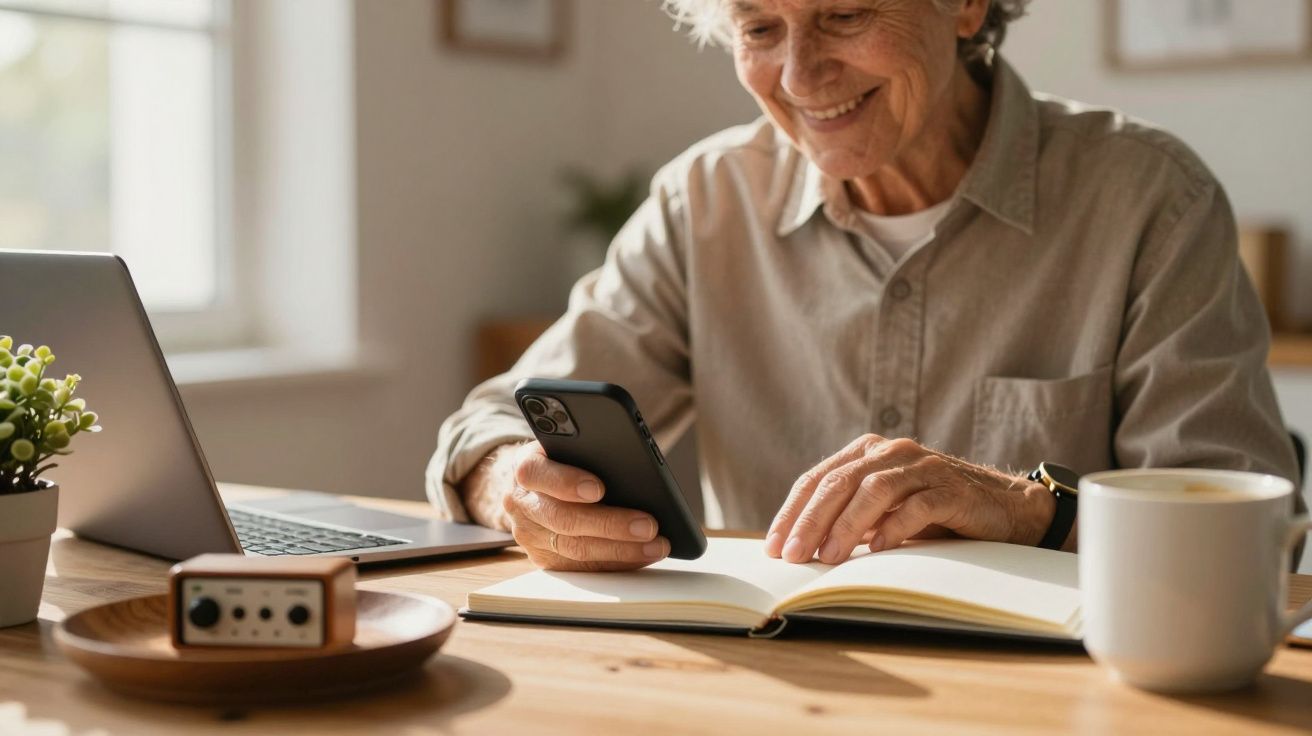 Mulher idosa sorrindo, usando smartphone ao lado de um livro aberto e laptop numa mesa iluminada pelo sol.