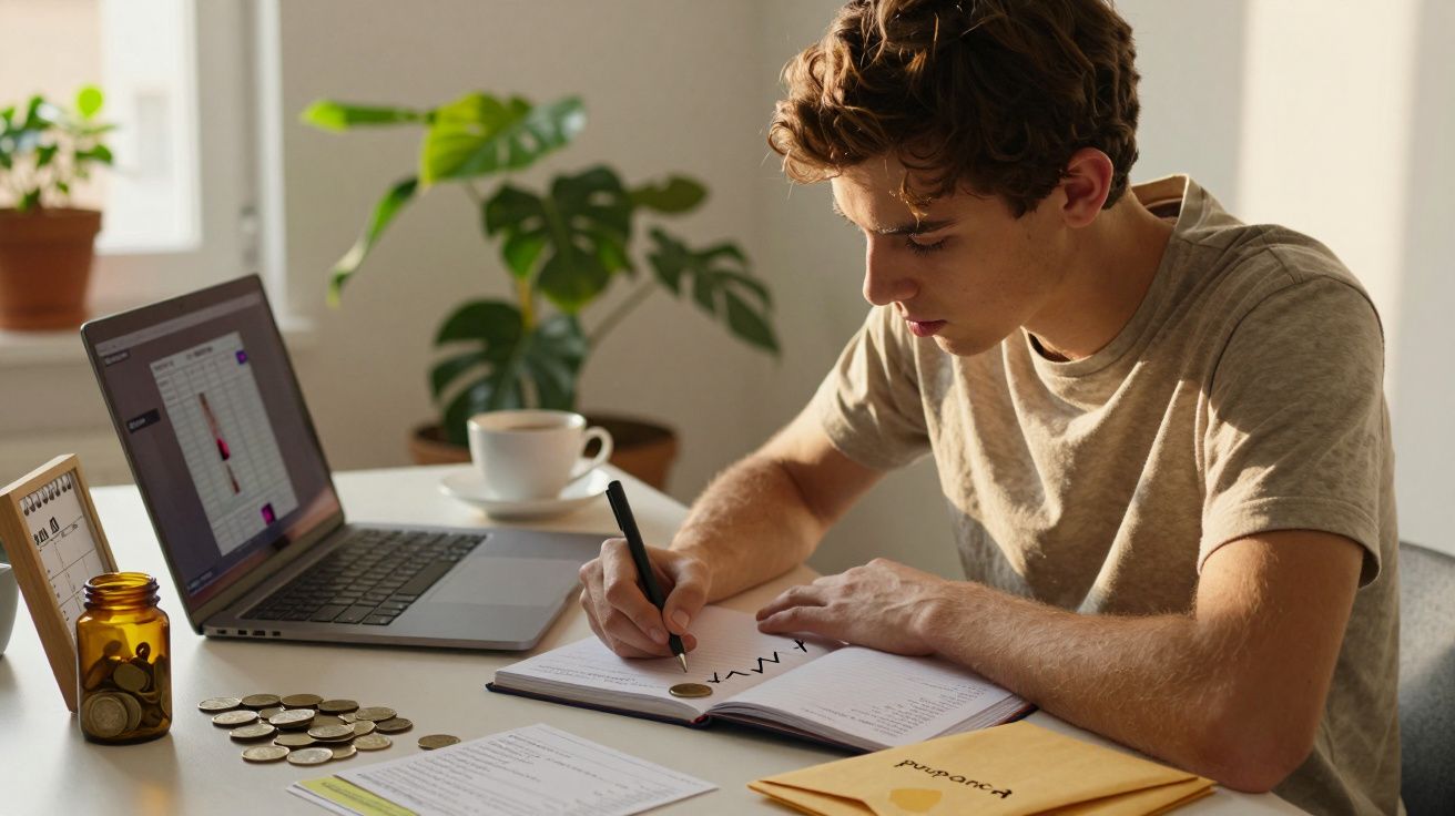 Homem a estudar numa mesa com portátil, caderno, moedas e planta ao fundo.