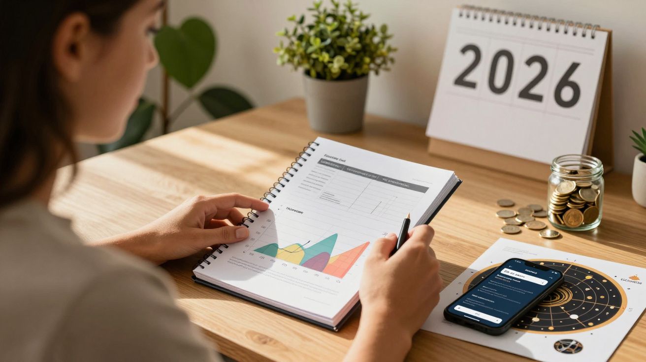 Mulher analisa gráficos num caderno numa secretária, com calendário de 2026 e telemóvel ao lado.