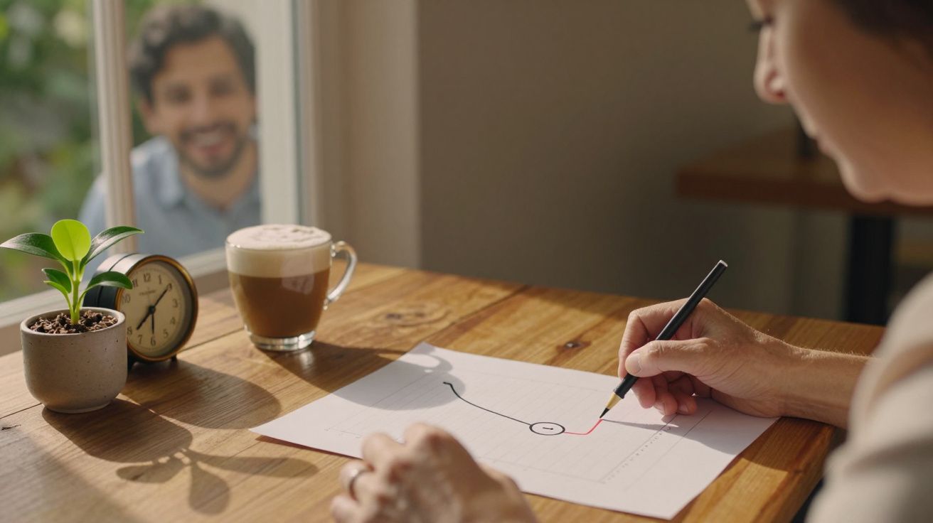 Pessoa desenhando num papel à mesa, com uma chávena de café e planta ao lado, enquanto outra pessoa observa pela janela.