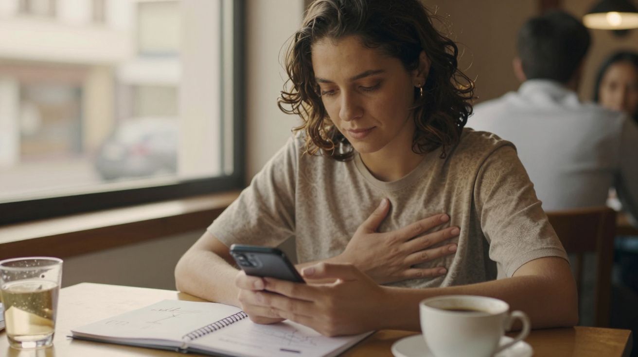 Mulher sentada em café, segura o telemóvel e toca o peito, com caderno, chávena de café e copo na mesa.