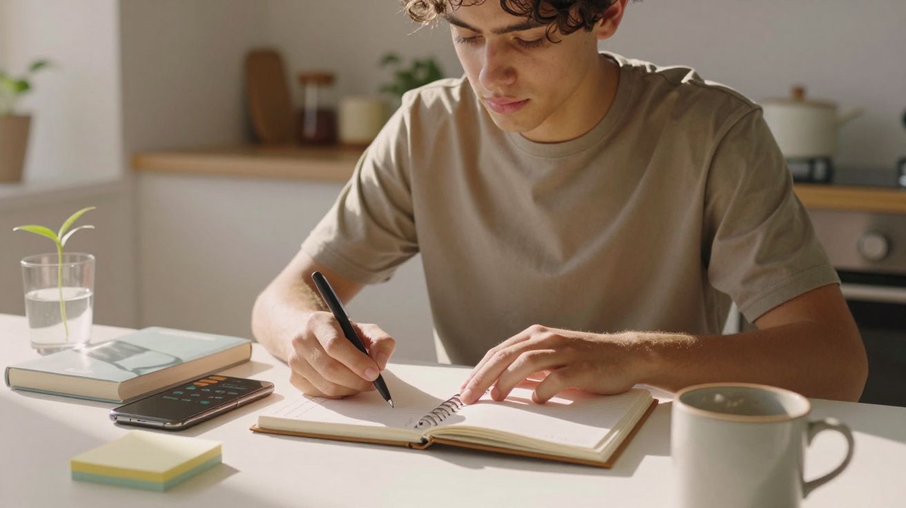 Jovem escrevendo num caderno numa cozinha iluminada, com plantas, chávena e calculadora sobre a mesa.
