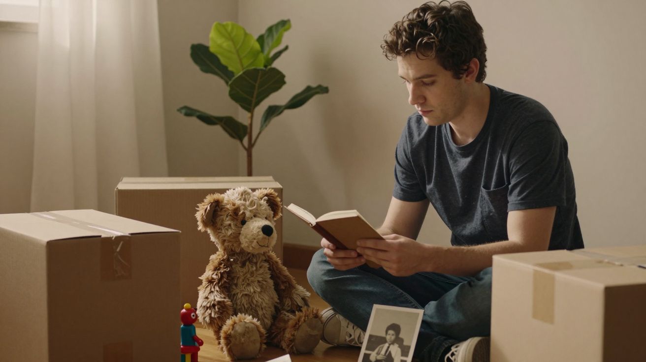 Homem sentado no chão a ler um livro, rodeado de caixas de mudança, uma fotografia e um peluche, numa sala iluminada.