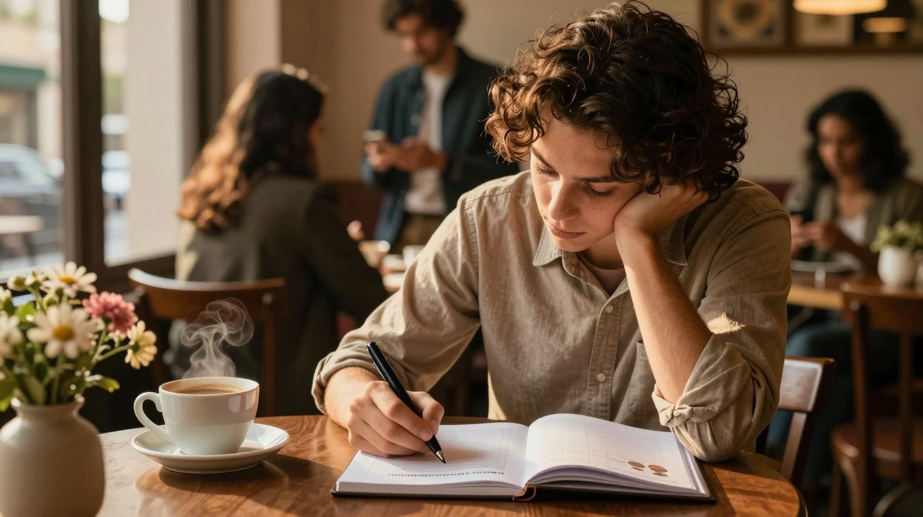 Pessoa a escrever num caderno numa cafetaria, com uma chávena de café ao lado. Há mais pessoas ao fundo.