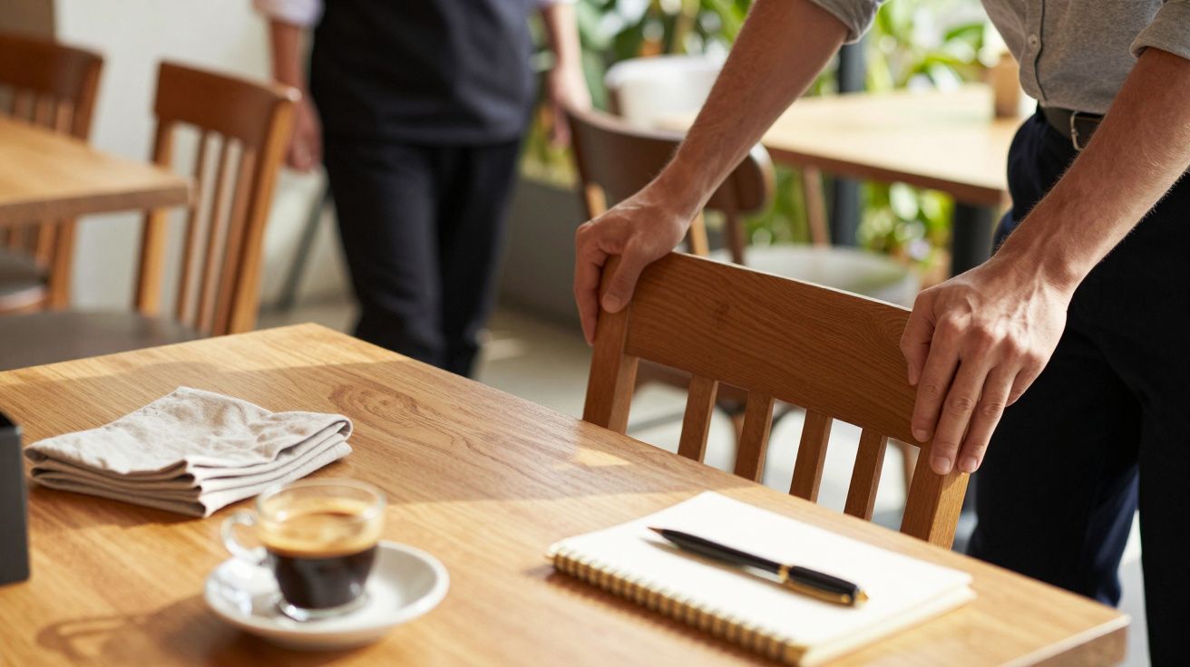 Pessoa ajustando cadeira numa mesa de café, ao lado de um bloco de notas, caneta e chávena de café.