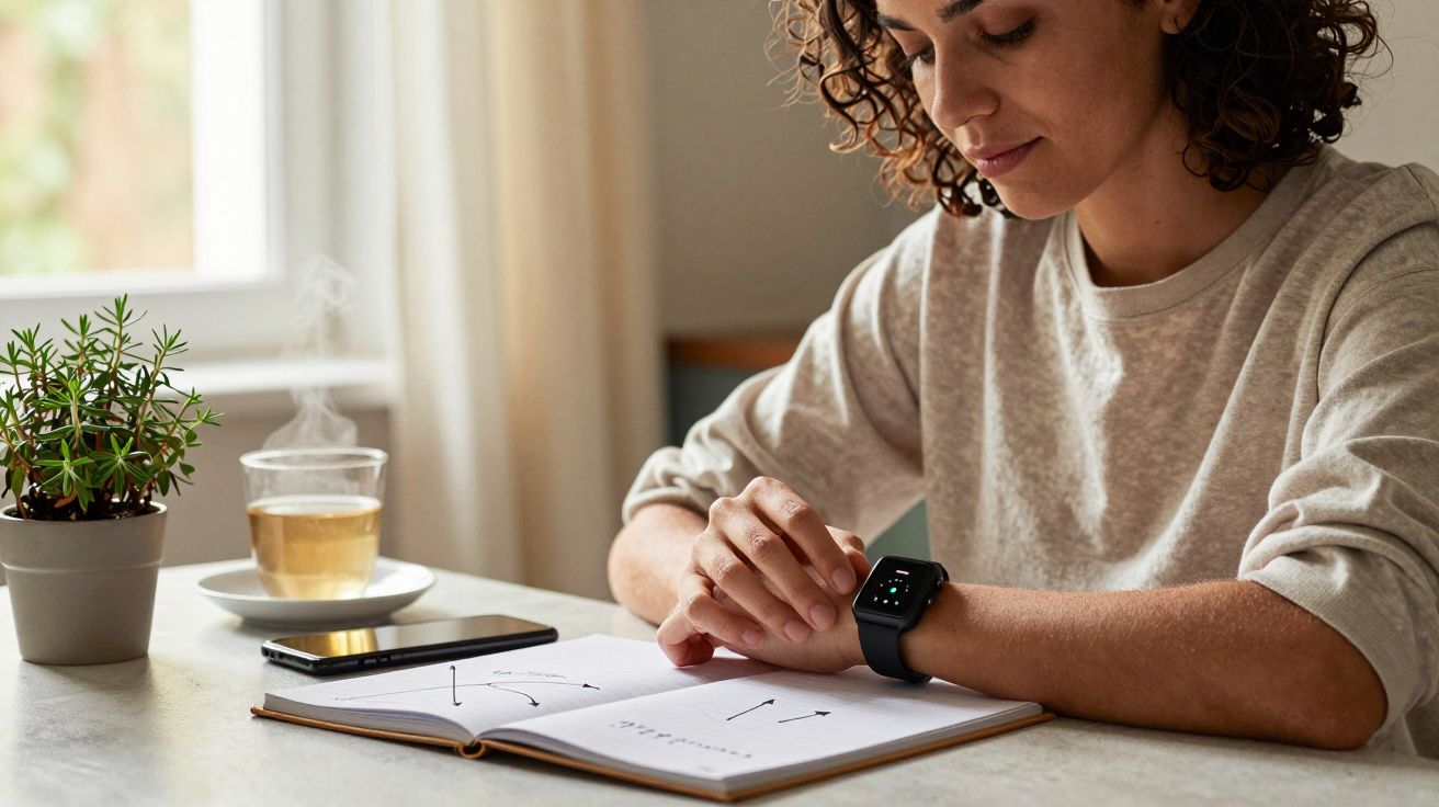 Mulher olhando para o smartwatch enquanto estuda, com chá e planta sobre a mesa.