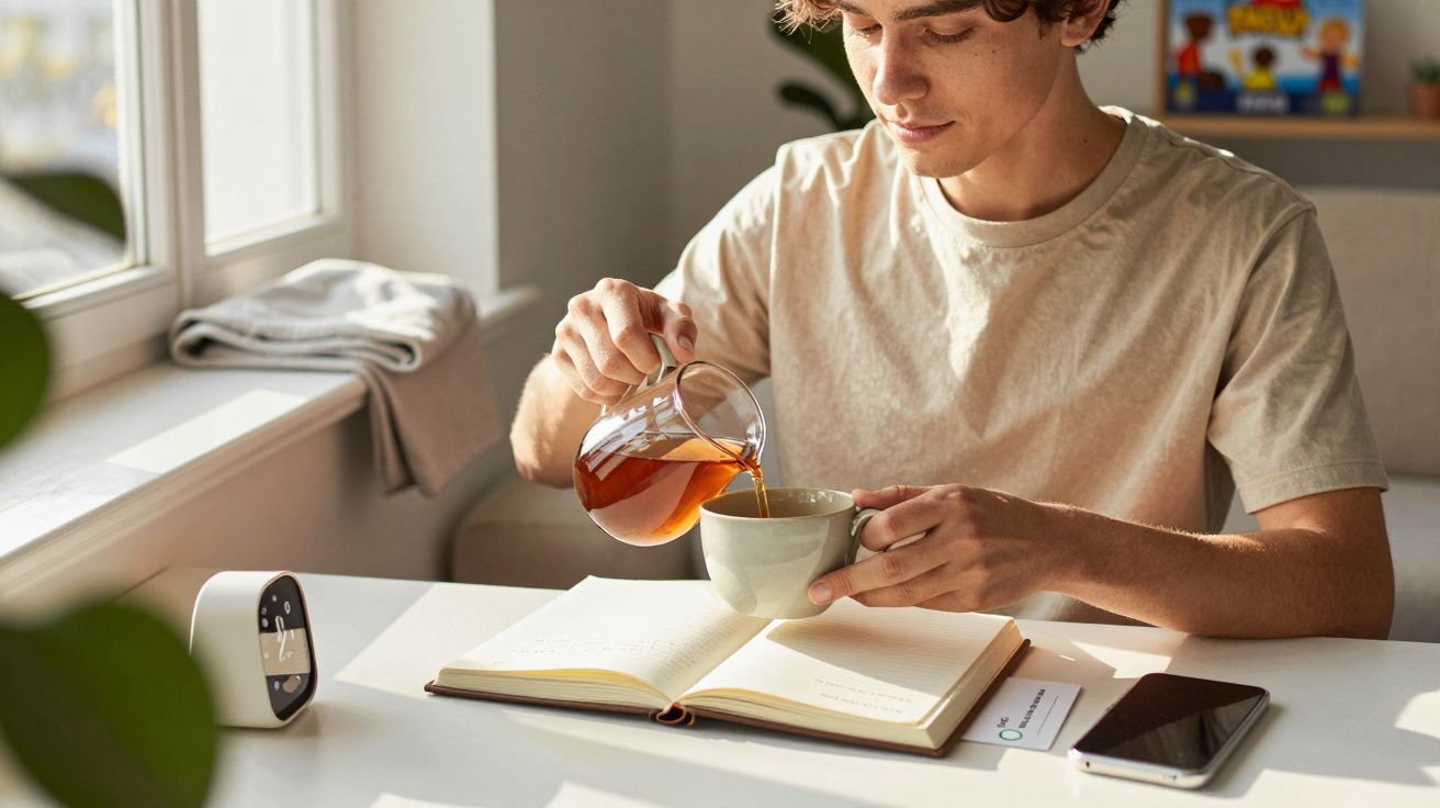 Jovem sentado à mesa despeja chá numa chávena; livro aberto e smartphone ao lado; luz natural.
