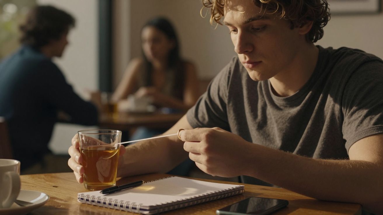Jovem sentado em café, segurando um copo de chá com bloco de notas e telemóvel sobre a mesa. Outras pessoas ao fundo.