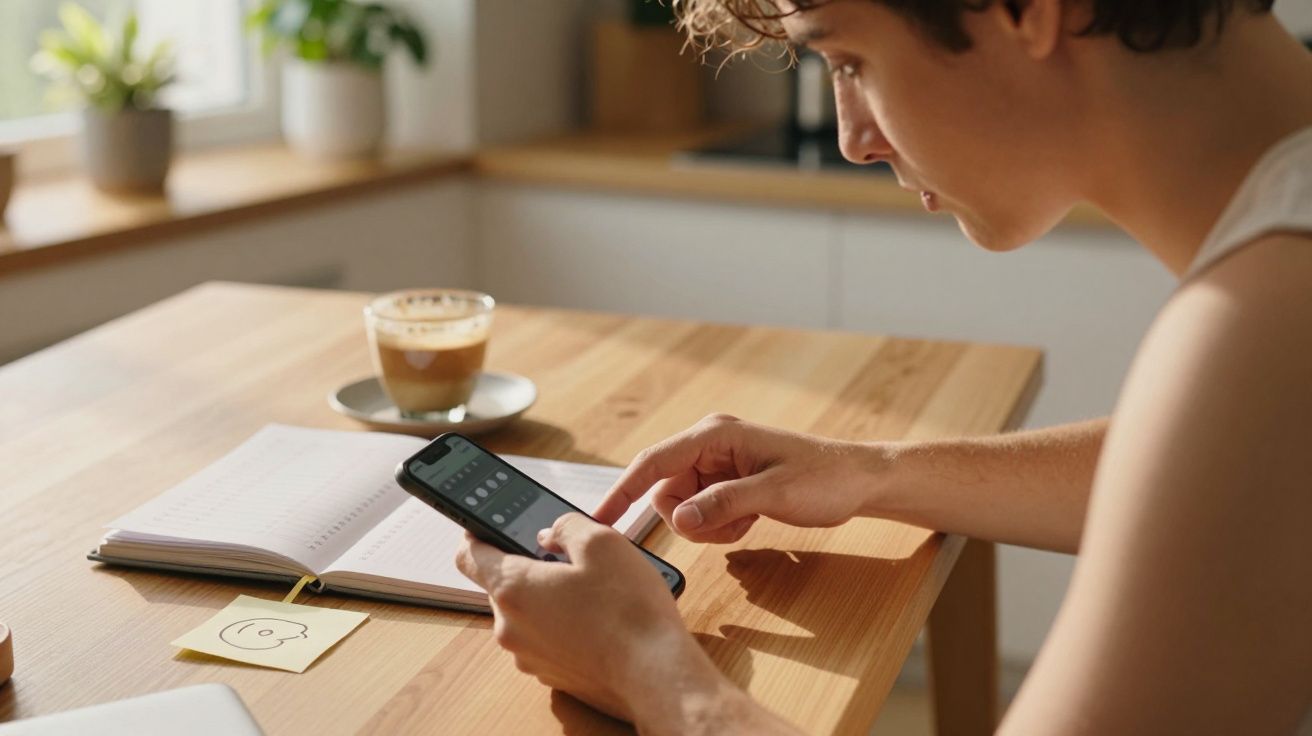 Homem utilizando smartphone à mesa com café e caderno aberto.
