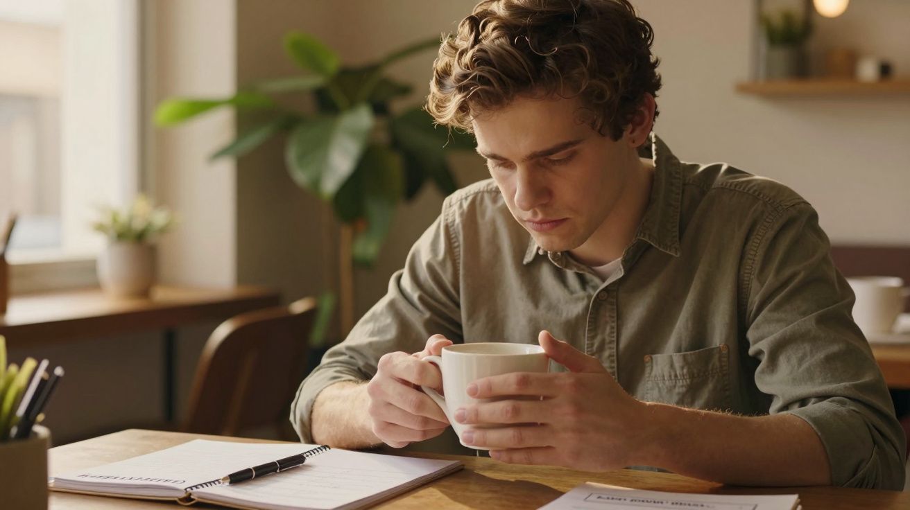 Homem sentado à mesa, segurando uma caneca, com bloco de notas e caneta à frente, planta ao fundo.